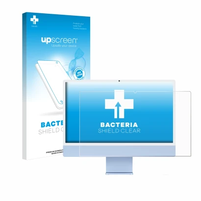 Vorderseite einer Produktverpackung mit dem Markenlogo upscreen. Daneben ist das Gerät Apple iMac 24" M4 2024 mit dem zugehöri