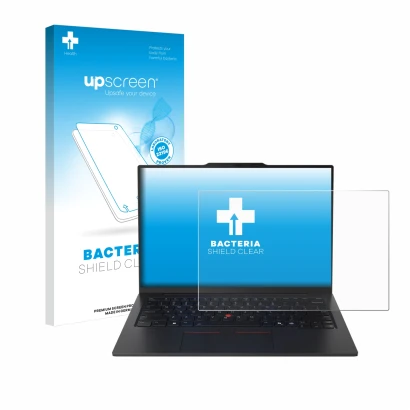 Vorderseite einer Produktverpackung mit dem Markenlogo upscreen. Daneben ist das Gerät Lenovo ThinkPad X1 Carbon Gen 13 14