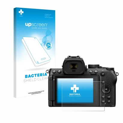 Vorderseite einer Produktverpackung mit dem Markenlogo upscreen. Daneben ist das Gerät Nikon Z50 II mit dem zugehörigen Displa