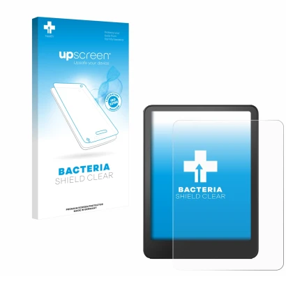 Vorderseite einer Produktverpackung mit dem Markenlogo upscreen. Daneben ist das Gerät Amazon Kindle Paperwhite 2024 (12. Gen.