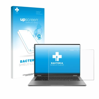 Vorderseite einer Produktverpackung mit dem Markenlogo upscreen. Daneben ist das Gerät ASUS Vivobook 14 Flip TP3407 mit dem zu