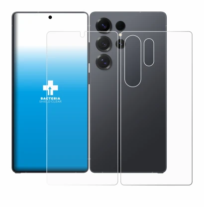 Abbildung des Geräts Samsung Galaxy S25 Ultra (Display+Rückseite) mit einer Vielzahl des Displayschutzes.