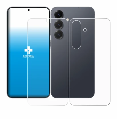 Abbildung des Geräts Samsung Galaxy S25 (Display+Rückseite) mit einer Vielzahl des Displayschutzes.