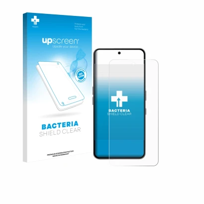 Vorderseite einer Produktverpackung mit dem Markenlogo upscreen. Daneben ist das Gerät Nothing Phone (3a) Pro mit dem zugehöri