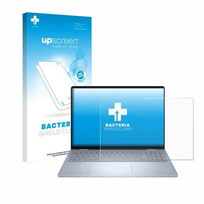 Vorderseite einer Produktverpackung mit dem Markenlogo upscreen. Daneben ist das Gerät Dell 16 Plus-2-in-1 mit dem zugehörigen