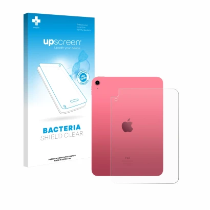 Vorderseite einer Produktverpackung mit dem Markenlogo upscreen. Daneben ist das Gerät Apple iPad A16 11" 2025 (Rückseite, 11.