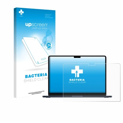 Vorderseite einer Produktverpackung mit dem Markenlogo upscreen. Daneben ist das Gerät Apple MacBook Air 13" M4 2025 mit dem z