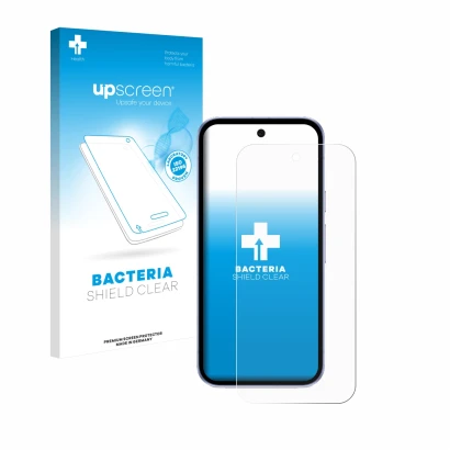 Vorderseite einer Produktverpackung mit dem Markenlogo upscreen. Daneben ist das Gerät Google Pixel 9a mit dem zugehörigen Dis