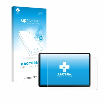 Vorderseite einer Produktverpackung mit dem Markenlogo upscreen. Daneben ist das Gerät Samsung Galaxy Tab S10 FE 5G mit dem zu