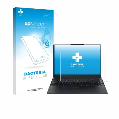 Vorderseite einer Produktverpackung mit dem Markenlogo upscreen. Daneben ist das Gerät Lenovo ThinkPad E16 Gen 3 mit dem zugeh