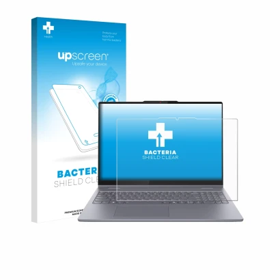 Vorderseite einer Produktverpackung mit dem Markenlogo upscreen. Daneben ist das Gerät Lenovo IdeaPad 5 2-in-1 14AKP10 mit dem