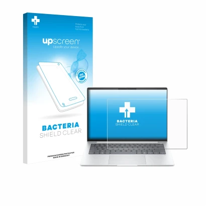 Vorderseite einer Produktverpackung mit dem Markenlogo upscreen. Daneben ist das Gerät HP EliteBook 8 G1i 14" mit dem zugehöri