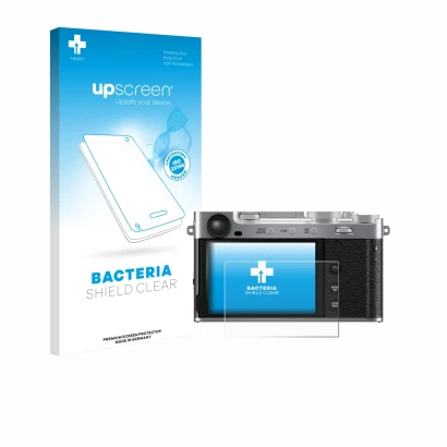 Vorderseite einer Produktverpackung mit dem Markenlogo upscreen. Daneben ist das Gerät Fujifilm X-E5 mit dem zugehörigen Displ