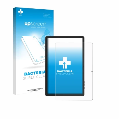 Vorderseite einer Produktverpackung mit dem Markenlogo upscreen. Daneben ist das Gerät Doogee Tab E3 Pro 13 mit dem zugehörige