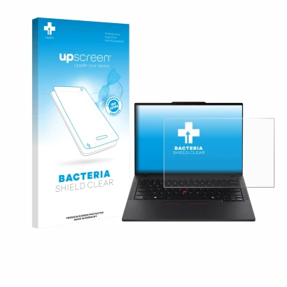 Vorderseite einer Produktverpackung mit dem Markenlogo upscreen. Daneben ist das Gerät Lenovo ThinkPad T14 Gen 6 mit dem zugeh