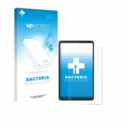 Vorderseite einer Produktverpackung mit dem Markenlogo upscreen. Daneben ist das Gerät Lenovo Tab One 8.7" mit dem zugehörigen