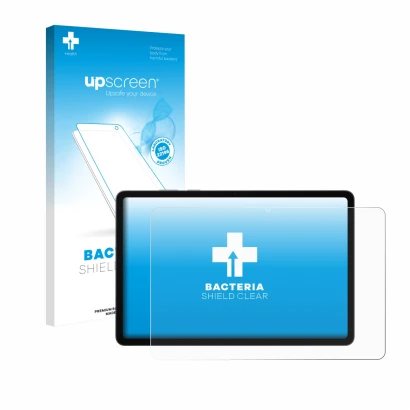 Vorderseite einer Produktverpackung mit dem Markenlogo upscreen. Daneben ist das Gerät Samsung Galaxy Tab S11 mit dem zugehöri