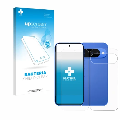 Vorderseite einer Produktverpackung mit dem Markenlogo upscreen. Daneben ist das Gerät Google Pixel 10 (Display+Rückseite) mit