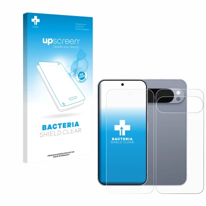 Vorderseite einer Produktverpackung mit dem Markenlogo upscreen. Daneben ist das Gerät Google Pixel 10 Pro XL (Display+Rücksei