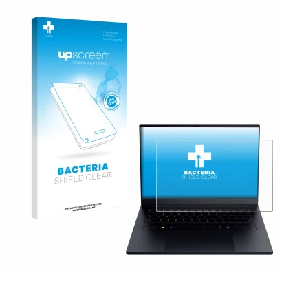 Vorderseite einer Produktverpackung mit dem Markenlogo upscreen. Daneben ist das Gerät Razer Blade 14 2025 mit dem zugehörigen