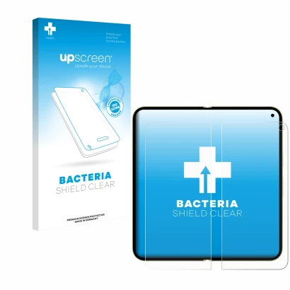 Vorderseite einer Produktverpackung mit dem Markenlogo upscreen. Daneben ist das Gerät Google Pixel 10 Pro Fold (Inneres Displ