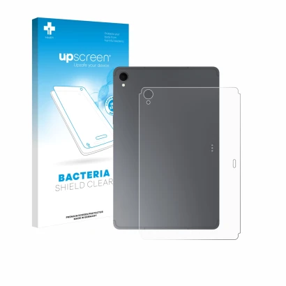 Vorderseite einer Produktverpackung mit dem Markenlogo upscreen. Daneben ist das Gerät Samsung Galaxy Tab S11 (Rückseite) mit 