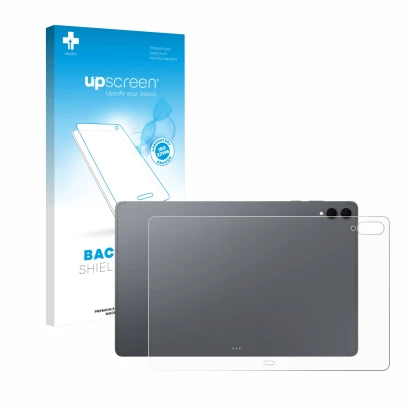 Vorderseite einer Produktverpackung mit dem Markenlogo upscreen. Daneben ist das Gerät Samsung Galaxy Tab S11 Ultra (Rückseite