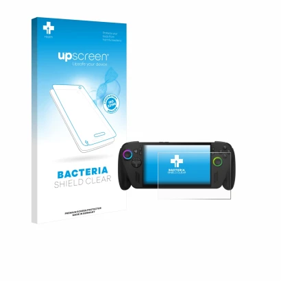 Vorderseite einer Produktverpackung mit dem Markenlogo upscreen. Daneben ist das Gerät ASUS ROG Ally X 2025 mit dem zugehörige