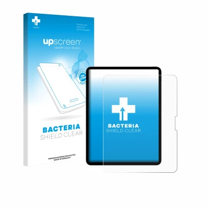 Vorderseite einer Produktverpackung mit dem Markenlogo upscreen. Daneben ist das Gerät Apple iPad Pro 13" M5 2025 mit dem zuge