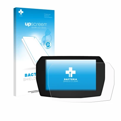 Vorderseite einer Produktverpackung mit dem Markenlogo upscreen. Daneben ist das Gerät Ducati Panigale V2 2025 mit dem zugehör