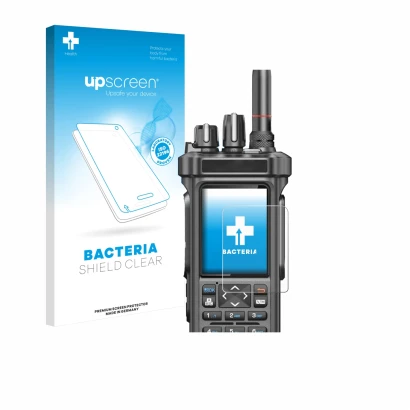 Vorderseite einer Produktverpackung mit dem Markenlogo upscreen. Daneben ist das Gerät Radtel RT-950 Pro mit dem zugehörigen D