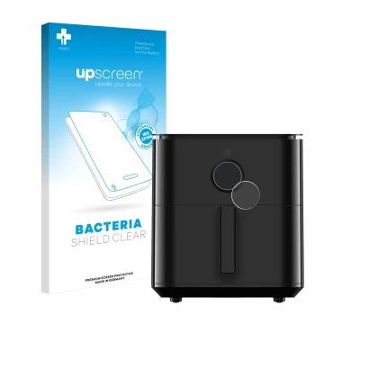 Vorderseite einer Produktverpackung mit dem Markenlogo upscreen. Daneben ist das Gerät Xiaomi Air Fryer 6.5 L mit dem zugehöri