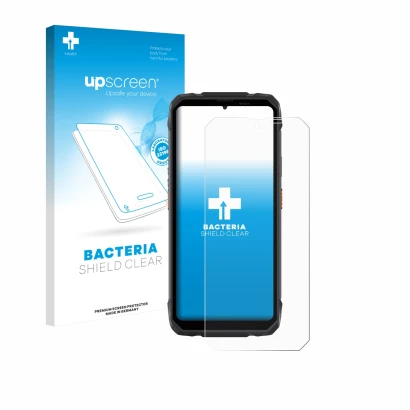 Vorderseite einer Produktverpackung mit dem Markenlogo upscreen. Daneben ist das Gerät Blackview Rock 1 mit dem zugehörigen Di