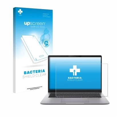 Vorderseite einer Produktverpackung mit dem Markenlogo upscreen. Daneben ist das Gerät ASUS ExpertBook P3 G2 mit dem zugehörig