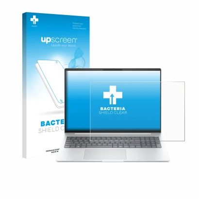 Vorderseite einer Produktverpackung mit dem Markenlogo upscreen. Daneben ist das Gerät HP EliteBook 8 G1i 16" mit dem zugehöri