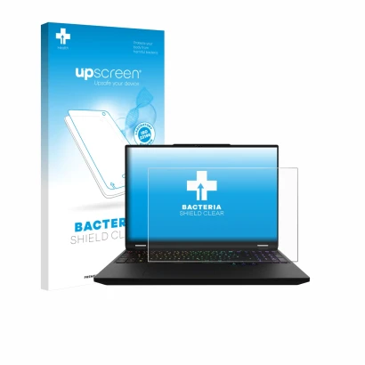 Vorderseite einer Produktverpackung mit dem Markenlogo upscreen. Daneben ist das Gerät XMG Apex 16 Max mit dem zugehörigen Dis