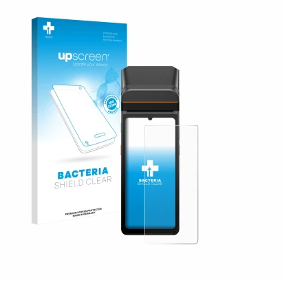 Vorderseite einer Produktverpackung mit dem Markenlogo upscreen. Daneben ist das Gerät Sunmi V3 A13 mit dem zugehörigen Displa