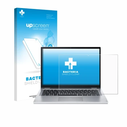 Vorderseite einer Produktverpackung mit dem Markenlogo upscreen. Daneben ist das Gerät Acer Aspire Go Spin 14 mit dem zugehöri