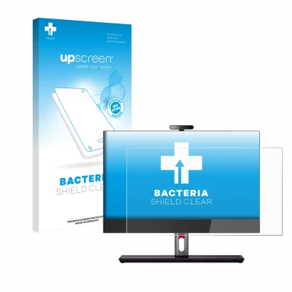 Vorderseite einer Produktverpackung mit dem Markenlogo upscreen. Daneben ist das Gerät Lenovo ThinkCentre M90a Gen 5 23,8" mit