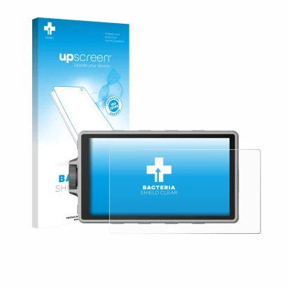 Vorderseite einer Produktverpackung mit dem Markenlogo upscreen. Daneben ist das Gerät DJI Ronin 4D mit dem zugehörigen Displa