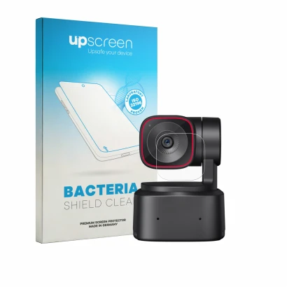 Vorderseite einer Produktverpackung mit dem Markenlogo upscreen. Daneben ist das Gerät OBSBOT Tiny 2 Lite mit dem zugehörigen