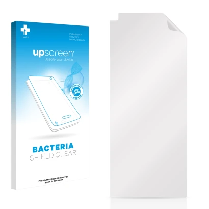 Vorderseite einer Produktverpackung mit dem Markenlogo upscreen. Daneben ist der zugehörige Displayschutz.