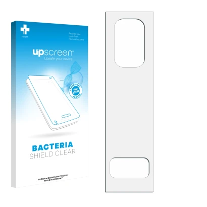 Vorderseite einer Produktverpackung mit dem Markenlogo upscreen. Daneben ist der zugehörige Displayschutz.