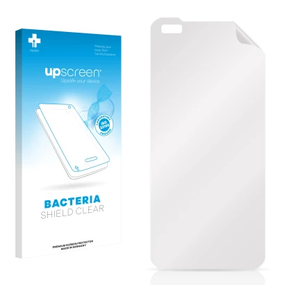 Vorderseite einer Produktverpackung mit dem Markenlogo upscreen. Daneben ist der zugehörige Displayschutz.