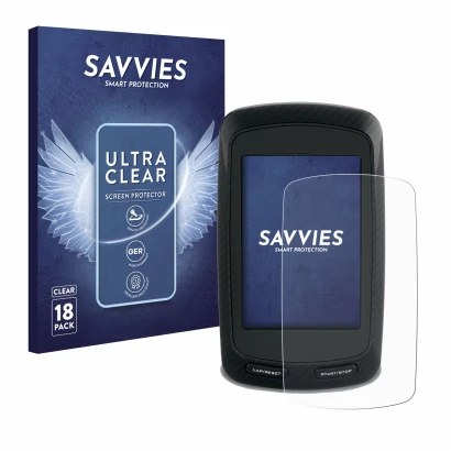 Vorderseite einer Produktverpackung mit dem Markenlogo Savvies. Daneben ist das Gerät Garmin Edge 800 mit dem zugehörigen Disp