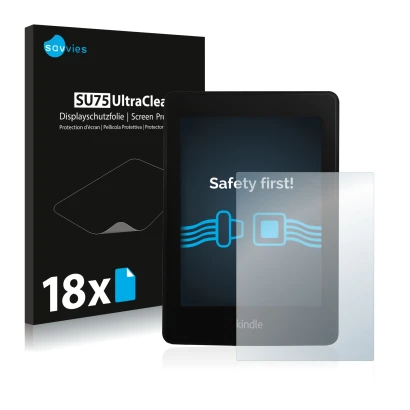 Vorderseite einer Produktverpackung mit dem Markenlogo Savvies. Daneben ist das Gerät Amazon Kindle Paperwhite 2013 mit dem zu