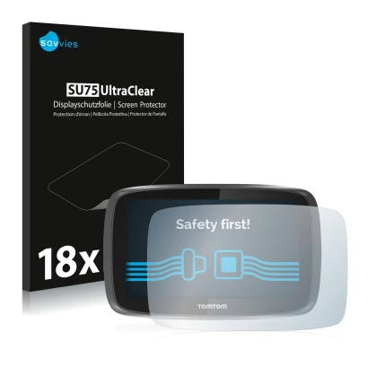 Vorderseite einer Produktverpackung mit dem Markenlogo Savvies. Daneben ist das Gerät TomTom GO 5000 mit dem zugehörigen Displ