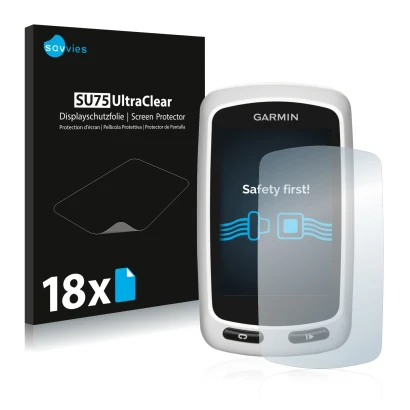 Vorderseite einer Produktverpackung mit dem Markenlogo Savvies. Daneben ist das Gerät Garmin Edge Touring Plus mit dem zugehör