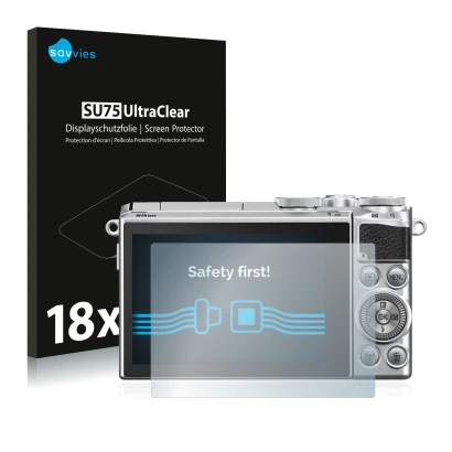 Vorderseite einer Produktverpackung mit dem Markenlogo Savvies. Daneben ist das Gerät Nikon 1 J5 mit dem zugehörigen Displaysc