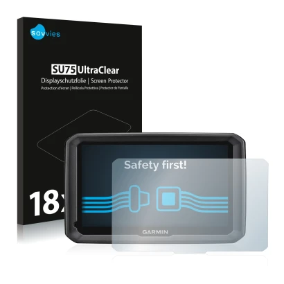 Vorderseite einer Produktverpackung mit dem Markenlogo Savvies. Daneben ist das Gerät Garmin dezl 770 LMT-D mit dem zugehörige